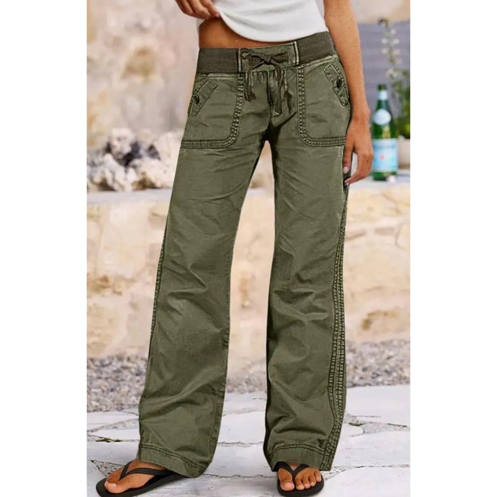 Flamingals XS Olive Green Seam Detail Drawstring Straight Leg Pants 266908 LY